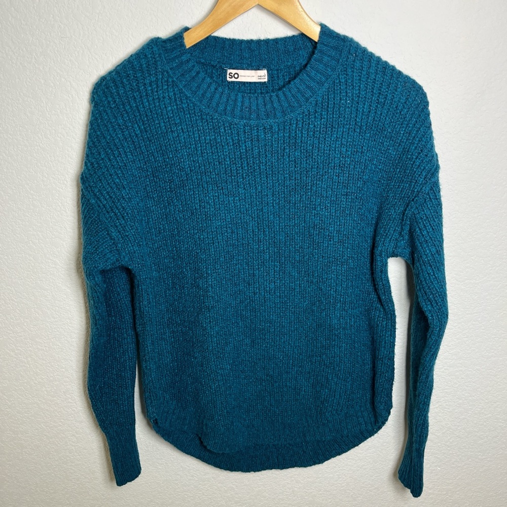 SO Teal Green Knit Crew Neck Long Sleeve Sweater Size Large